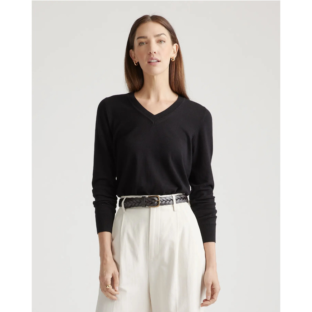 Quince Lightweight Cotton Cashmere V-Neck Sweater Black L